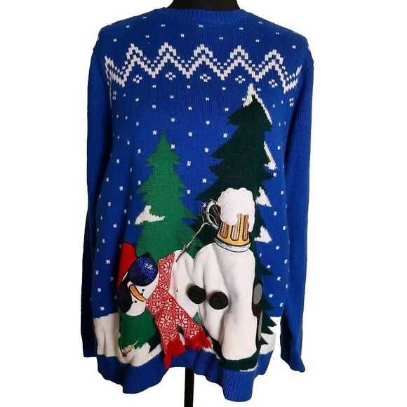 Ugly Christmas Sweater Women XL Beer Snowman Novelty Unisex Funny Sequined - Picture 1 of 9